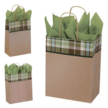 Kensington Plaid/Kraft Paper Shop Bags - 5.5 X 3.25 X 8.37