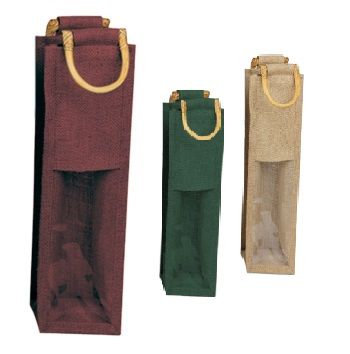 Jute Wine Bags W/Wooden Handles - 4 x 4 x 14